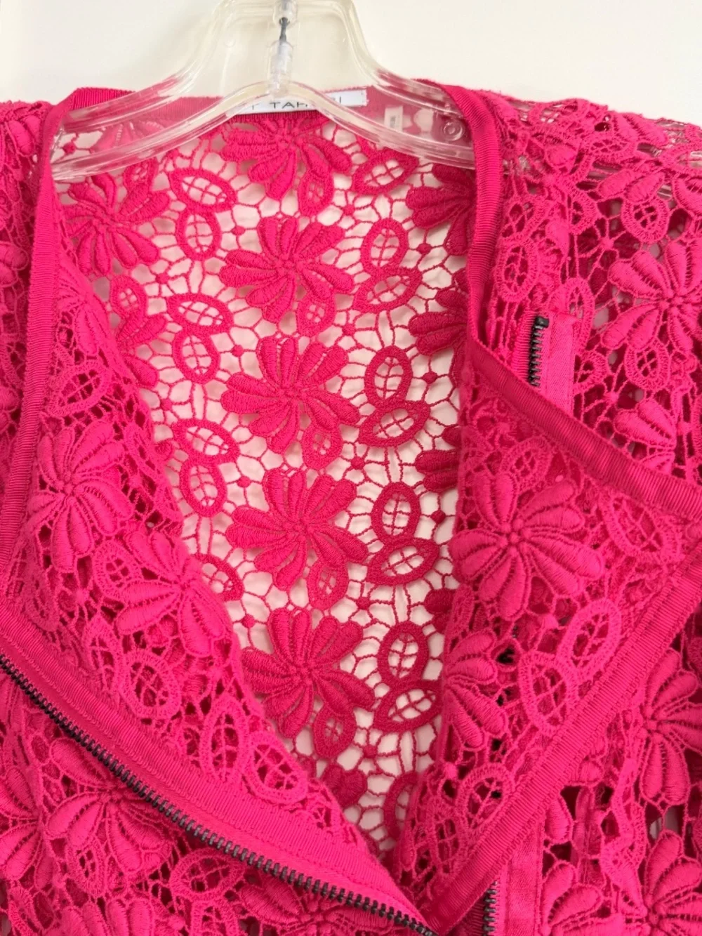 T Tahari Fuchsia Floral Lace Moto Jacket - size 2, Small